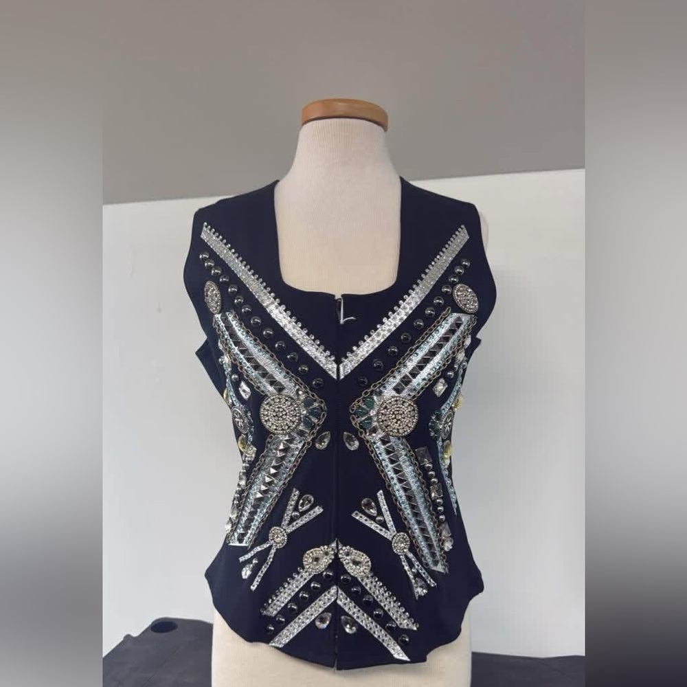 Black Embellished Sleeveless Tank Top with Mirror Detailing